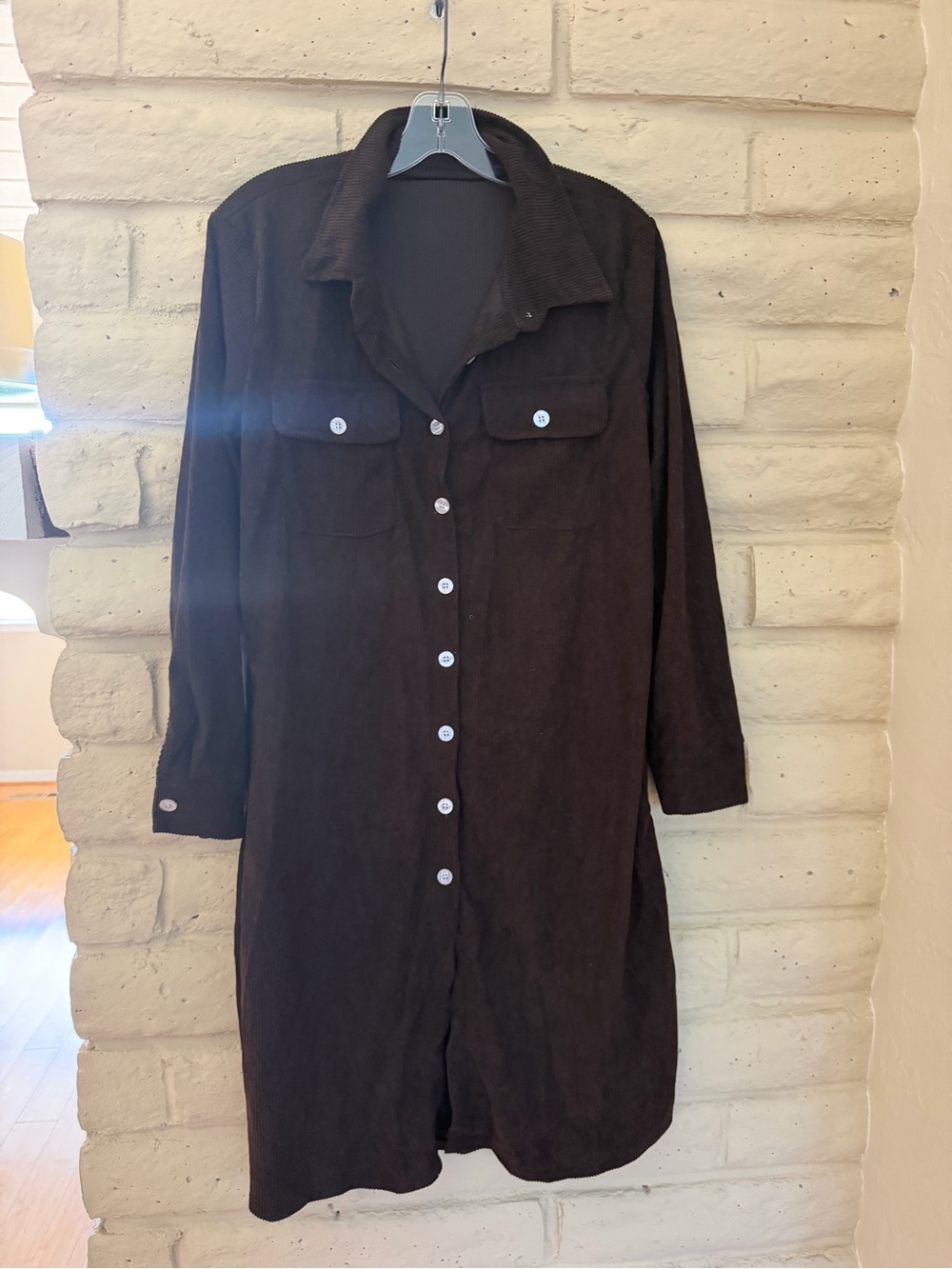 Classic Long-Sleeve Button-Front Shirt Dress in Dark Brown